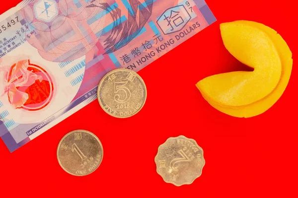 Dez Notas Dólar Hong Kong Moedas Ouro Bolachas Chinesas Fundo — Fotografia de Stock