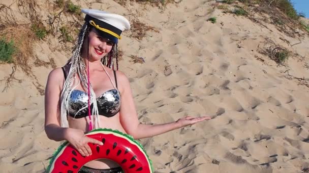 Woman Wearing Sailor Hat Braids Posing Beach Inflatable Ring — Stock Video
