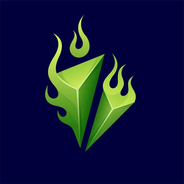 Logo Diamante Verde Con Elemento Llamas — Vector de stock