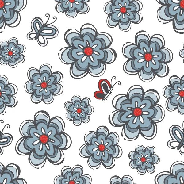 Blauwe en rode bloemen en vlinders — Stockvector