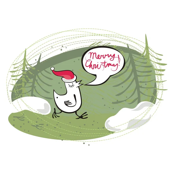 Little bird wishing merry christmas on green — Stock Vector