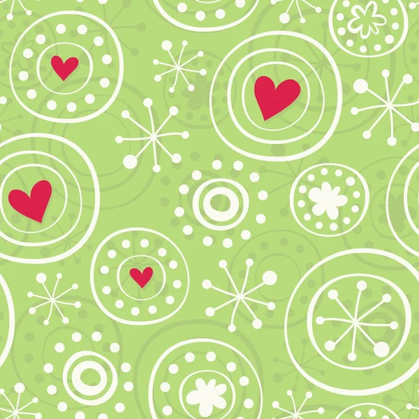 Snowflakes with red hearts on green — Stock Vector