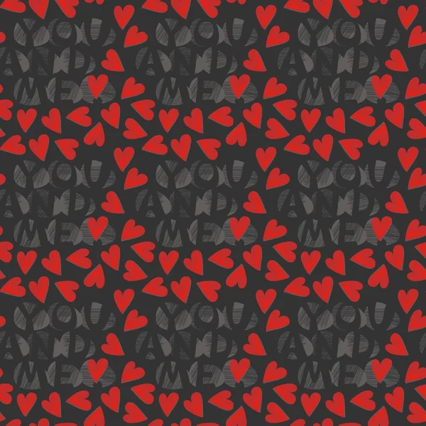 You and me with red hearts on dark background seamless pattern — Stock Vector