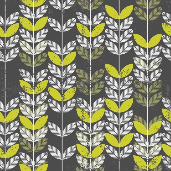 Retro grüne Blätter auf Zweigen auf dunklem Hintergrund, nahtloses Muster — Stockvektor