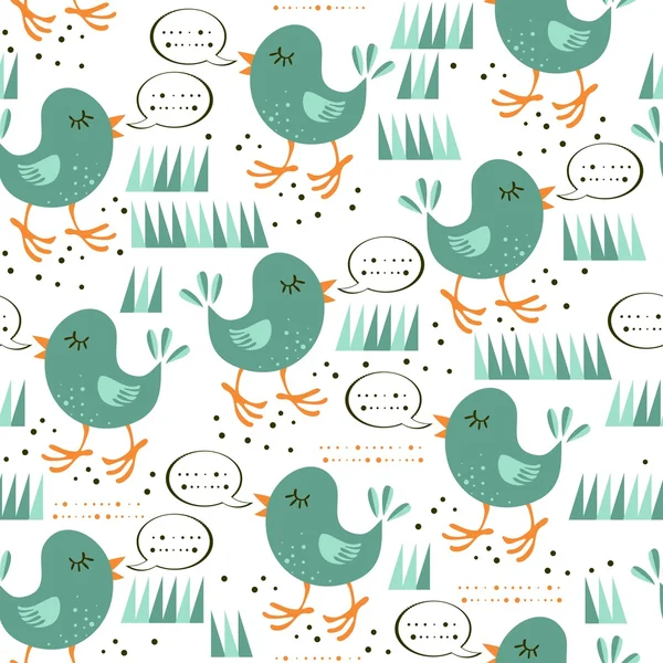 Talking turquoise little birds on the grass on white background seamless pattern — Stock Vector