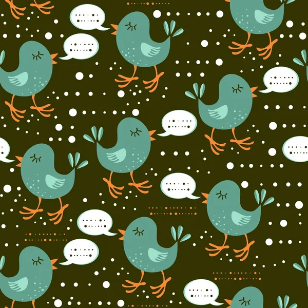 Talking turquoise little birds on dots on dark background seamless pattern — Stock Vector