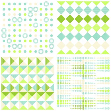 Dikişsiz retro geometrik kağıt desenleri nokta yeşil ve turkuaz beyaz kareler ve daireler