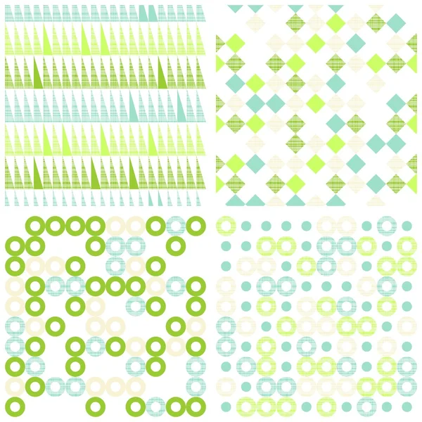 Conjunto de padrões de papel geométrico retro sem costura em triângulos e círculos de quadrados brancos e turquesa verdes — Vetor de Stock