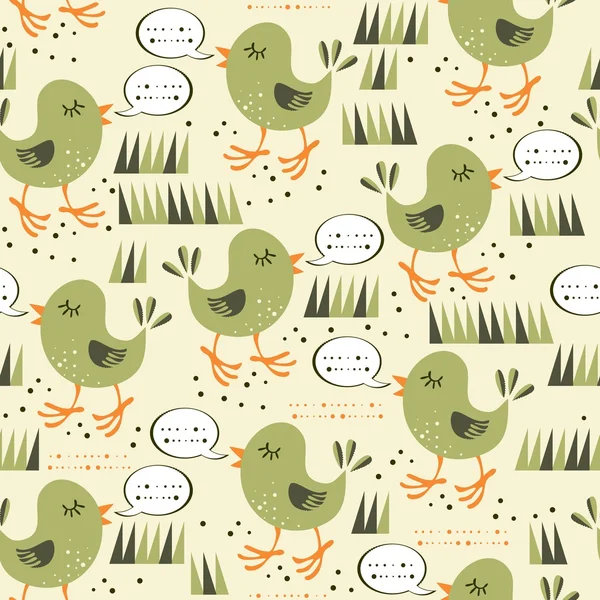 Talking green little birds on the grass on light background seamless pattern — Stock Vector