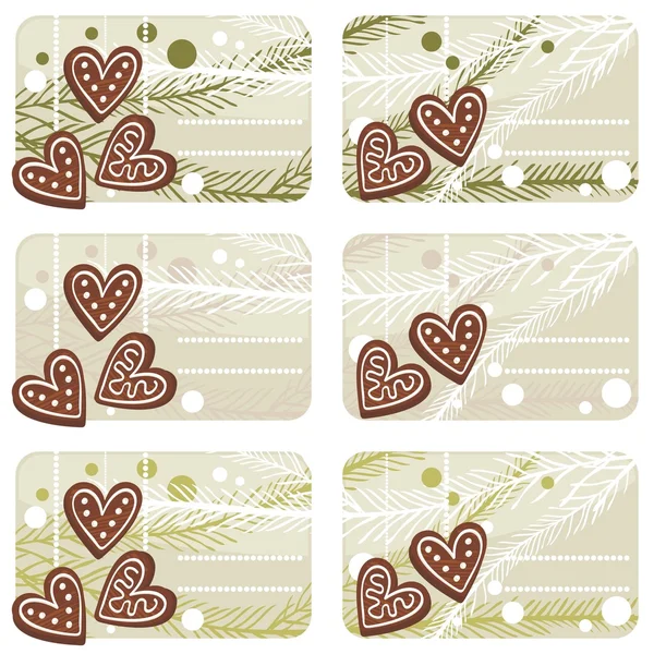 Christmas heart shaped gingerbreads gift label set — Stock Vector