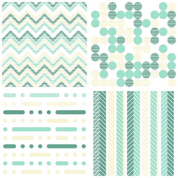 Set of seamless retro geometric paper patterns in turquoise white and beige dots lines and chevron — Stock Vector