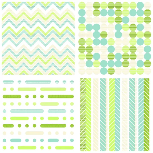 Set of seamless retro geometric paper patterns in green turquoise white and beige dots lines and chevron — Stock Vector