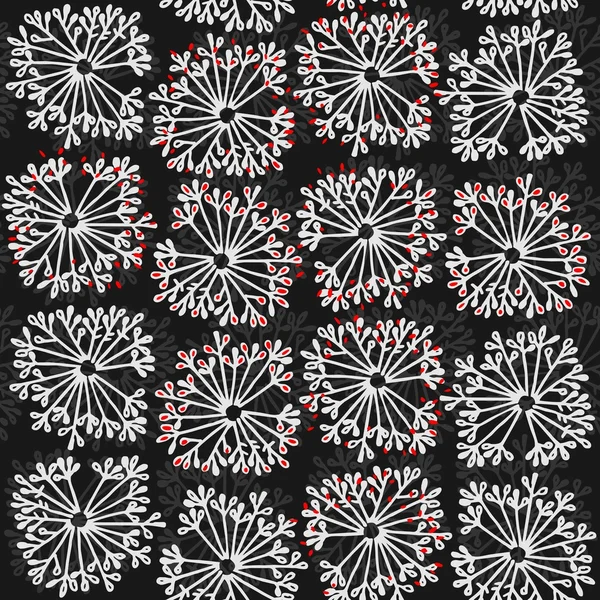Delicate zwart grijs rood retro bloemmotief op donkere achtergrond — Stockvector
