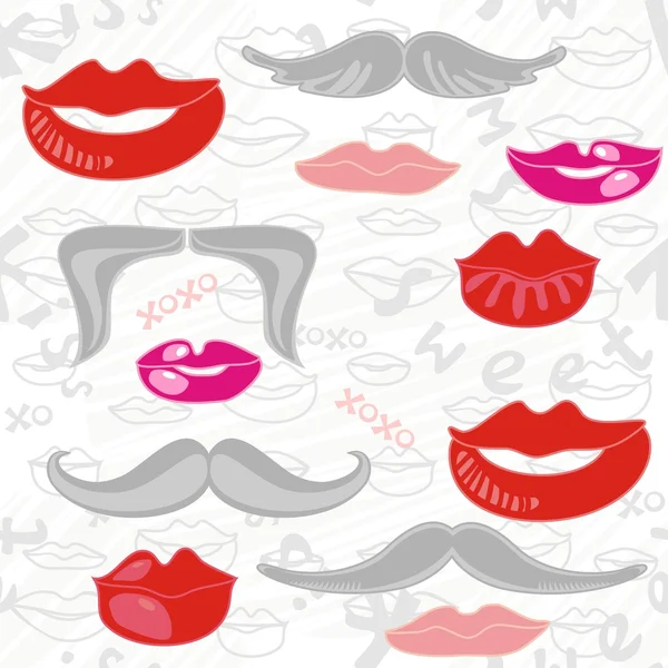 Lips and moustaches pink red gray seamless pattern on white scratched background — Stock Vector