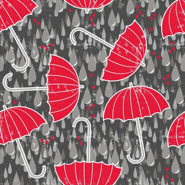 Delicado gotas de lluvia corazones y sombrillas rojas sobre fondo oscuro patrón sin costuras — Vector de stock