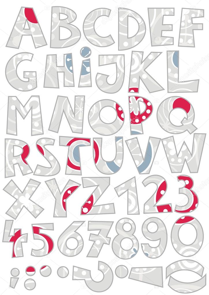 Snowfalkes on gray abc colorful retro alphabet