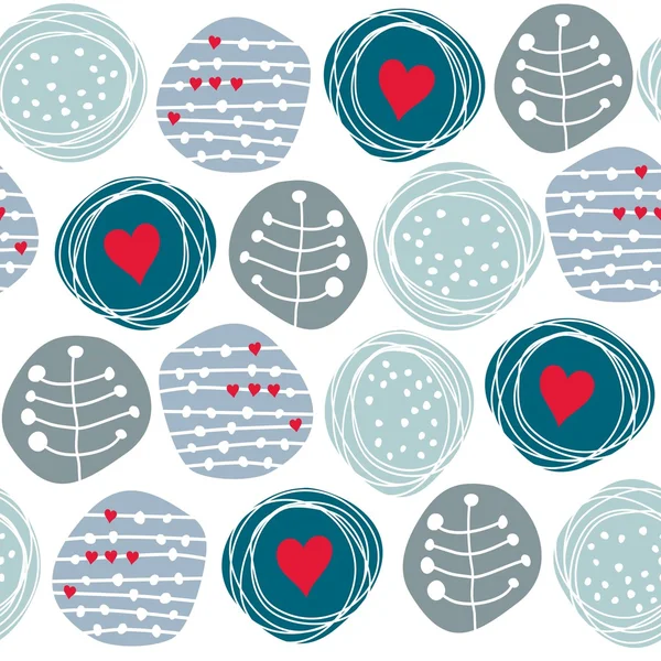 Λεπτή floral μοτίβο μπλε ρετρό με κόκκινες καρδιές σε κύκλους σε άσπρο φόντο — Διανυσματικό Αρχείο