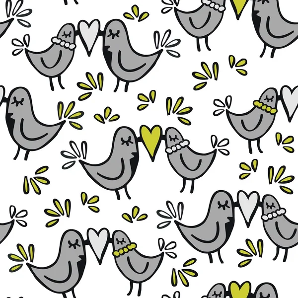 Green gray lovely abstract seamless pattern with kissing birds on white background — Stock Vector