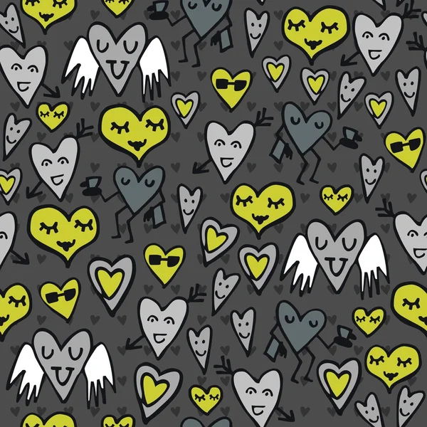 Groen grijs mooie abstracte naadloze patroon met grappige hartjes op een donkere achtergrond — Stockvector