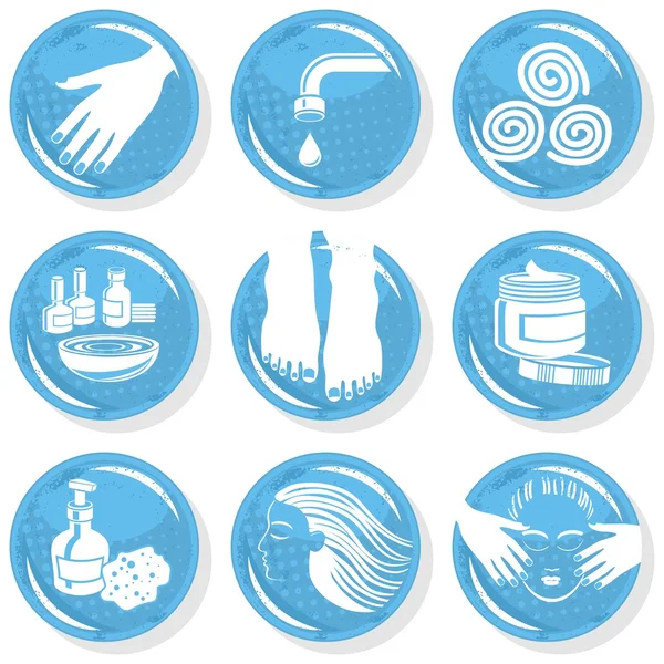 Spa shiny blue monochrome button set manicure pedicure hair treatment — Stock Vector