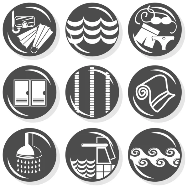 Spa flat gray monochrome button set swimming activity — Stock Vector