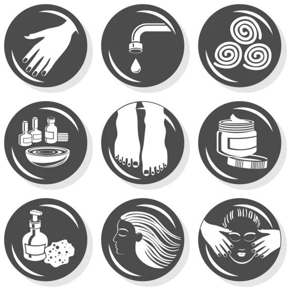 Spa flat gray monochrome button set manicure pedicure hair treatment — Stock Vector