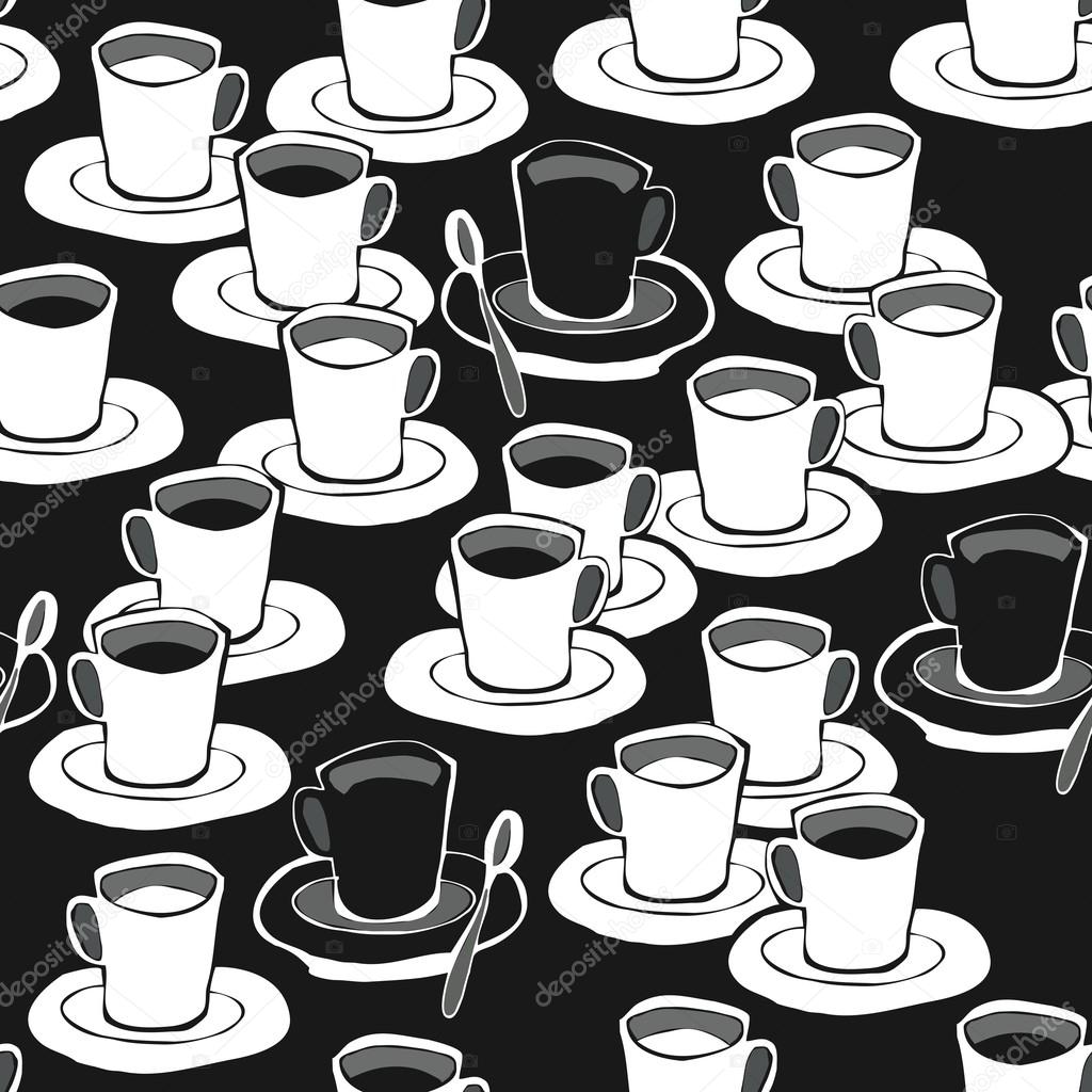 Black coffee white coffee black and white seamless pattern on dark