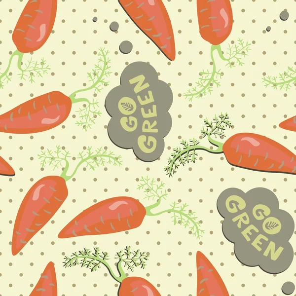 Przejdź zielony pomarańczowy retro marchew świeże na wzór kropkowany na beżowy — Wektor stockowy