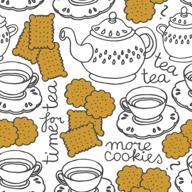 Tea time seamless pattern with porcelain and cookies on white background clipart