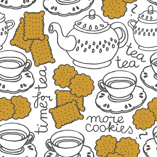 Patrón inconsútil para la hora del té con porcelana y galletas sobre fondo blanco — Vector de stock