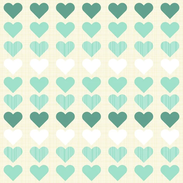 Turquoise beige white hearts in rows on patterned light background regular geometric seamless pattern — Stock Vector