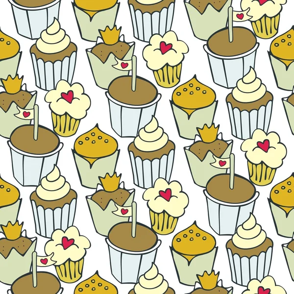 Tantos cupcakes decorados colorido doce sem costura padrão no fundo branco —  Vetores de Stock