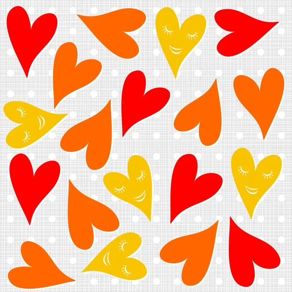 Amarillo naranja rojo sonriendo corazones sobre fondo punteado claro patrón sin costuras — Vector de stock