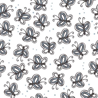 Mavi kelebekler ve beyaz zemin üzerine noktalar