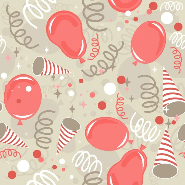 Röd beige brun känsliga part tid bakgrund med ballonger konfetti och serpentines sömlösa mönster — Stock vektor