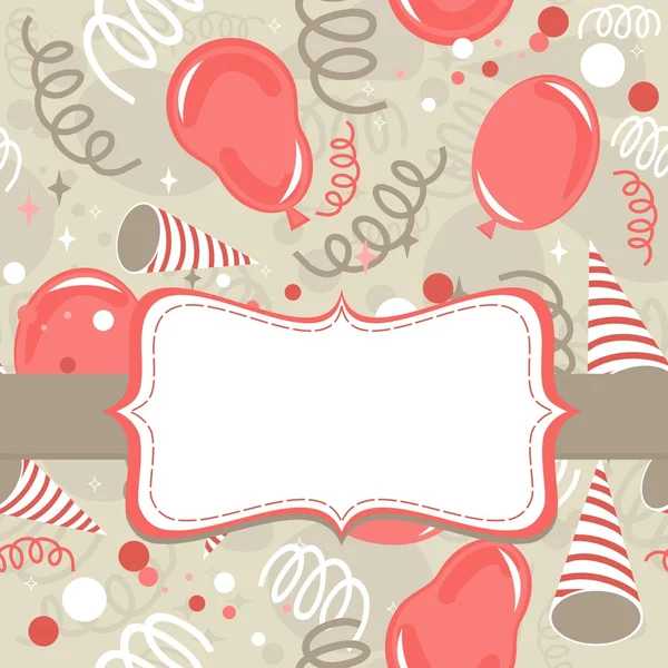 Red beige brown delicate party time background with balloons confetti and serpentines with frame and ribbon — Stock Vector