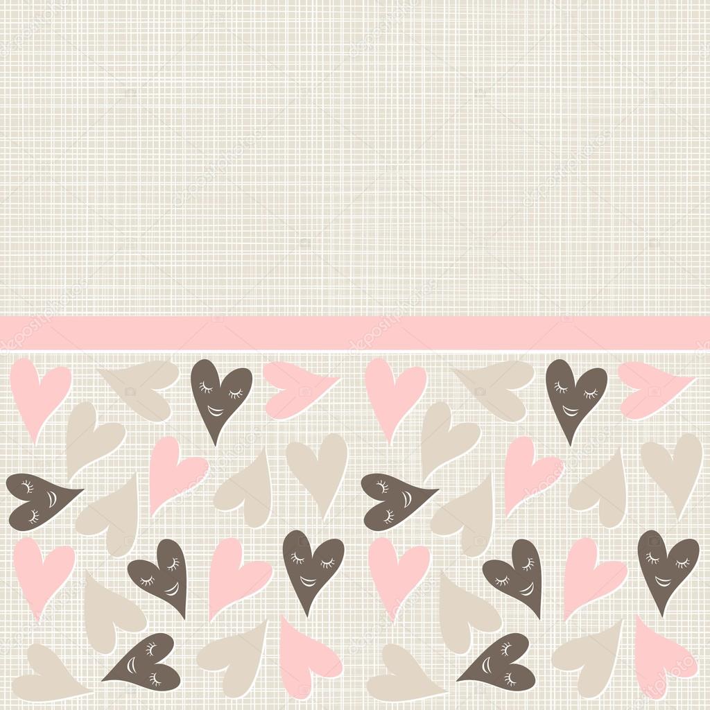 Pink beige brown smiling hearts on light with ribbon horizontal seamless pattern