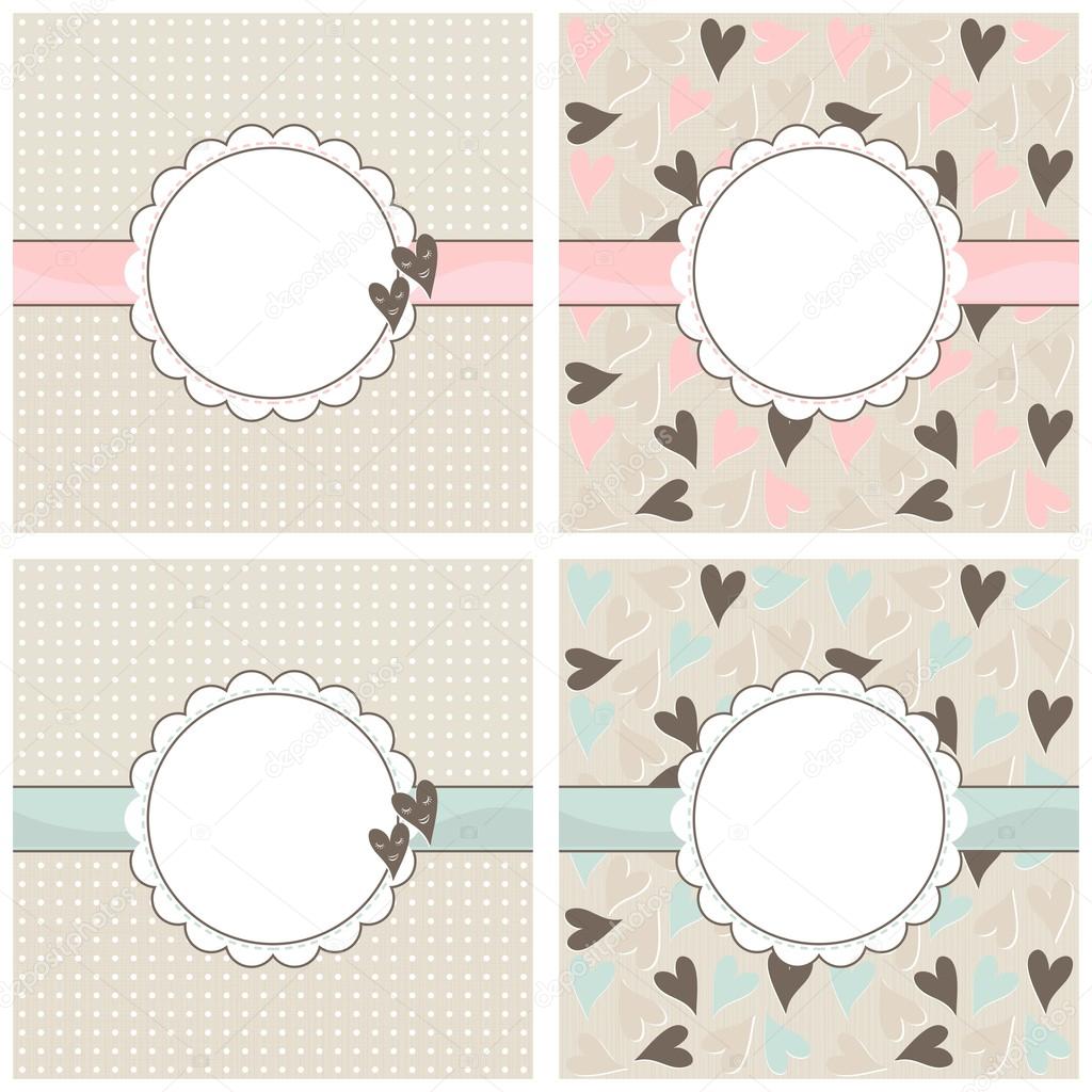 Blue pink beige brown hearts on light background set with frame and ribbon