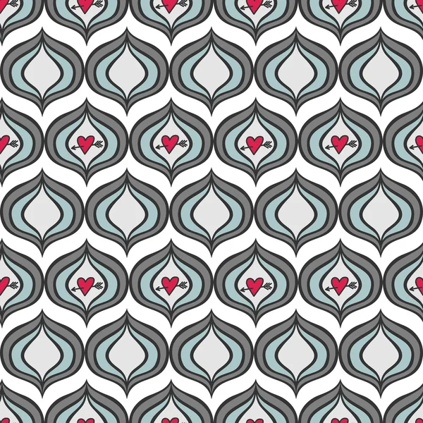 Elementos en forma de cebolla azul gris retro con corazones perforados rojos patrón geométrico abstracto sin costura sobre fondo blanco — Archivo Imágenes Vectoriales