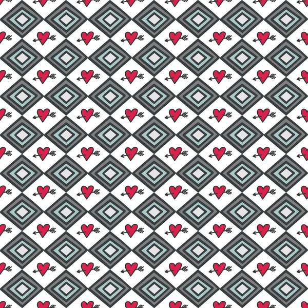 Retro gray blue horizontal diamonds with red pierced hearts abstract geometric seamless pattern on white background — Stock Vector