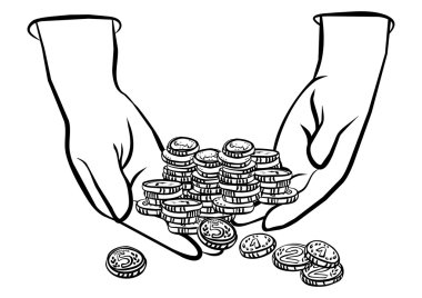 Çok sayıda sikke eller tek renkli siyah ve beyaz İşletme/Finans çizimde
