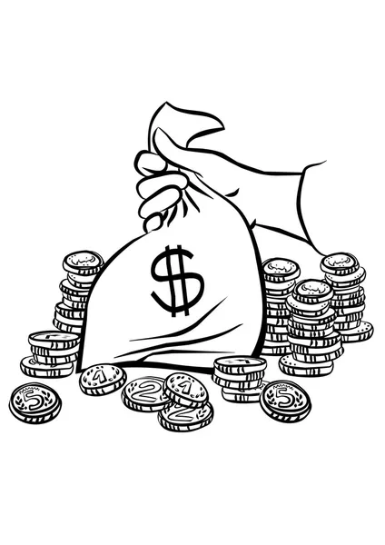 モノクロの白と黒のビジネス ・ ファイナンスの図の周りのコインのたくさんのお金の袋を持っている手 — ストックベクタ