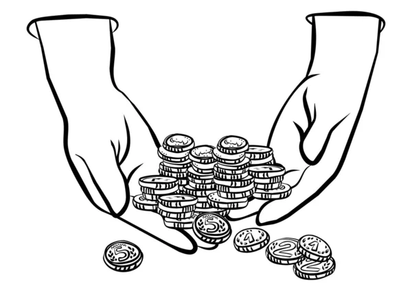 Massor av mynt i händerna monokrom svart och affärsekonomi illustration — Stock vektor