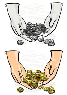 Çok sayıda sikke eller siyah beyaz ve renkli İşletme/Finans çizimde