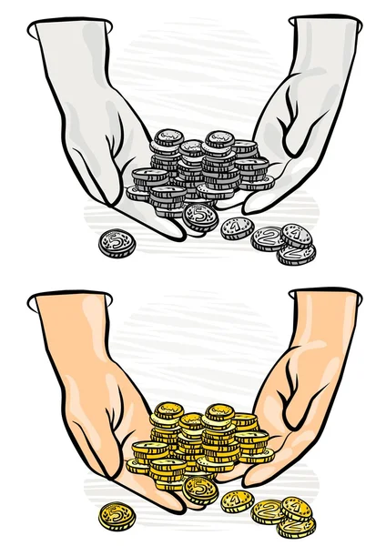 Beaucoup de pièces de monnaie dans les mains monochrome et coloré affaires / finance illustration — Image vectorielle