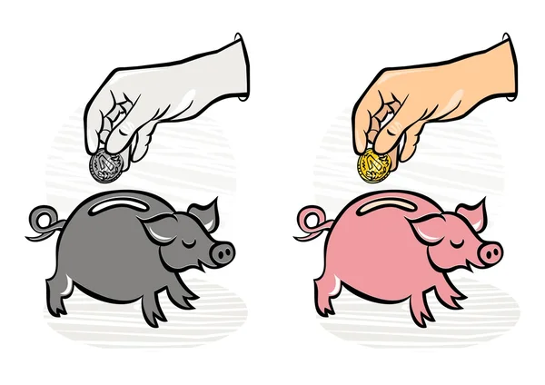 Putting coins/money into saving piggy monochrome and colorful business/finance illustration — Stock Vector