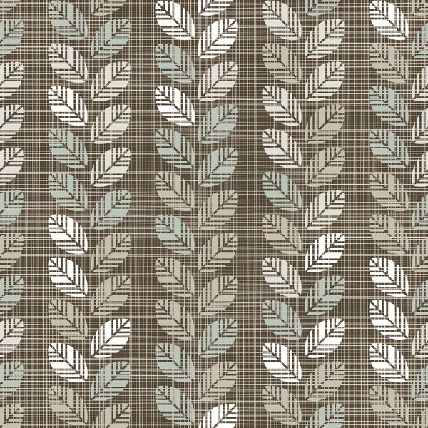 Bleu beige brun blanc motif botanique sans couture avec des rangées verticales de feuilles dans les couleurs de l'hiver — Image vectorielle