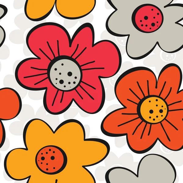 Spring summer blooming meadow yellow orange red gray flowers on white patterned background seamless pattern — Stock Vector