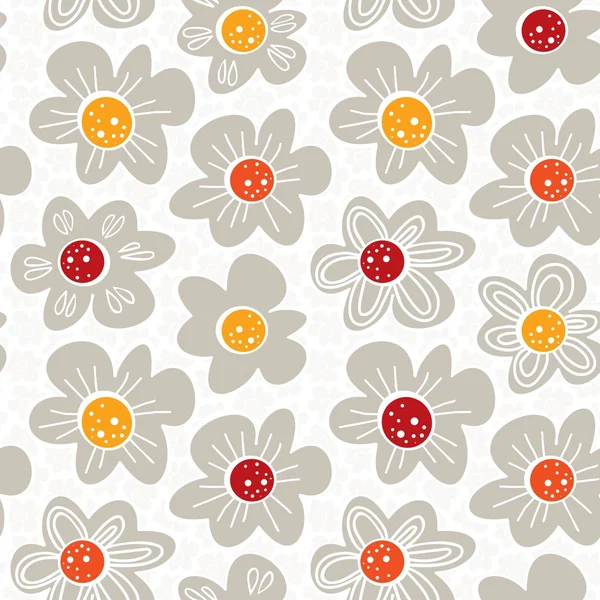 Cinza branco amarelo laranja vermelho botânico sem costura padrão com flores florescendo prado no fundo branco —  Vetores de Stock