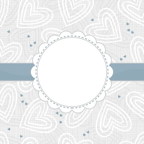 White and blue border hearts on light patterned background with white frame and blue ribbon horizontal background — Stock Vector